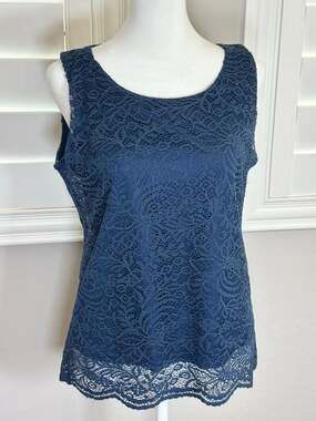 Navy Blue Floral Lace Sleeveless Tank Top Blouse